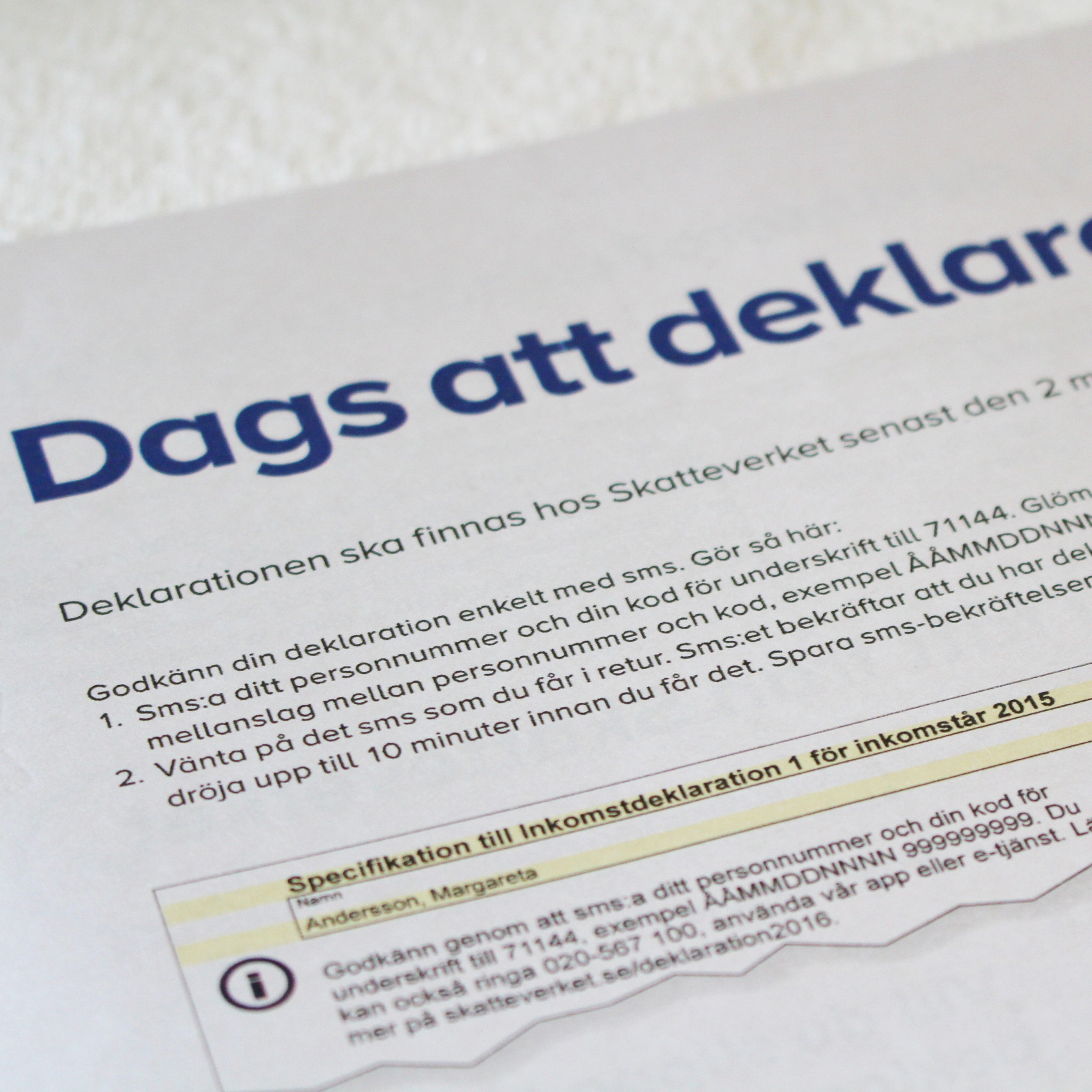 Framsidan på skattedeklaration