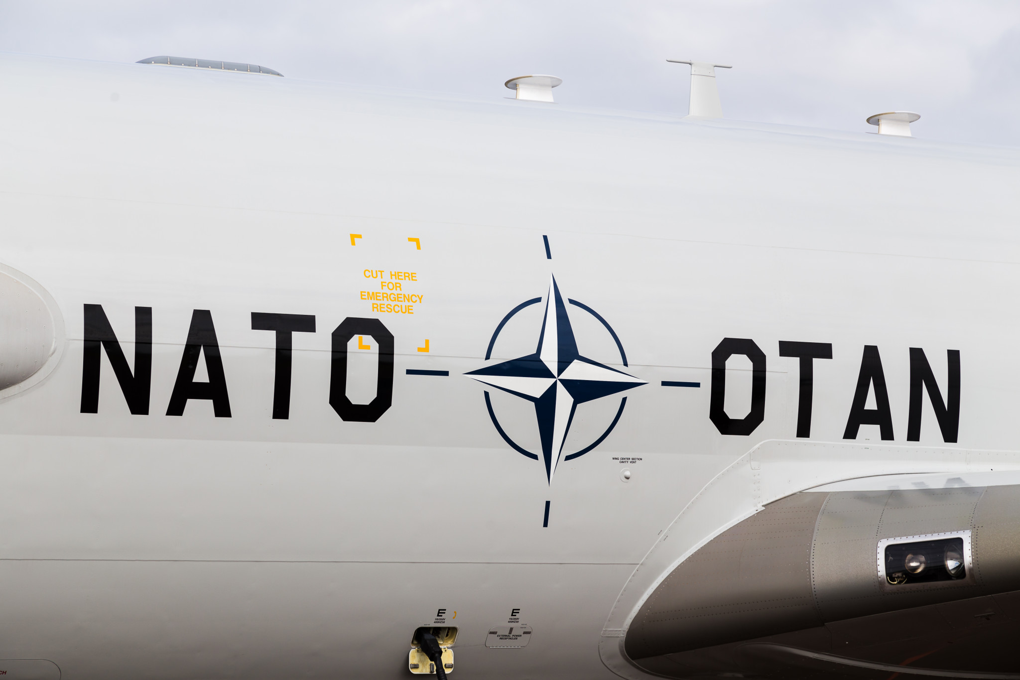 In zoomad bild på NATO-loggan på flyg.