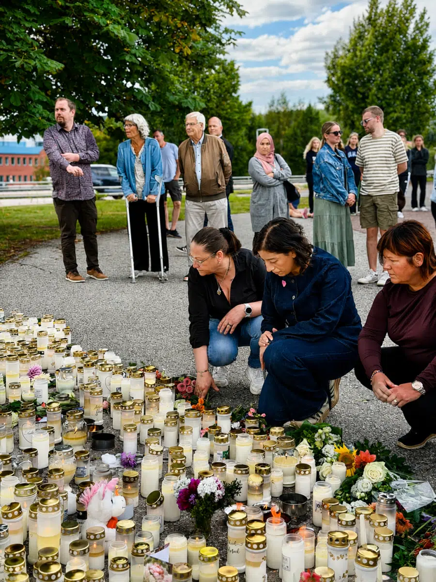 Simona Mohamsson lägger en blomma efter våldsdådet i Fagersta. Regeringen tillsätter en Skoldådskommission för att förhindra sådana fruktansvärda våldsbrott.